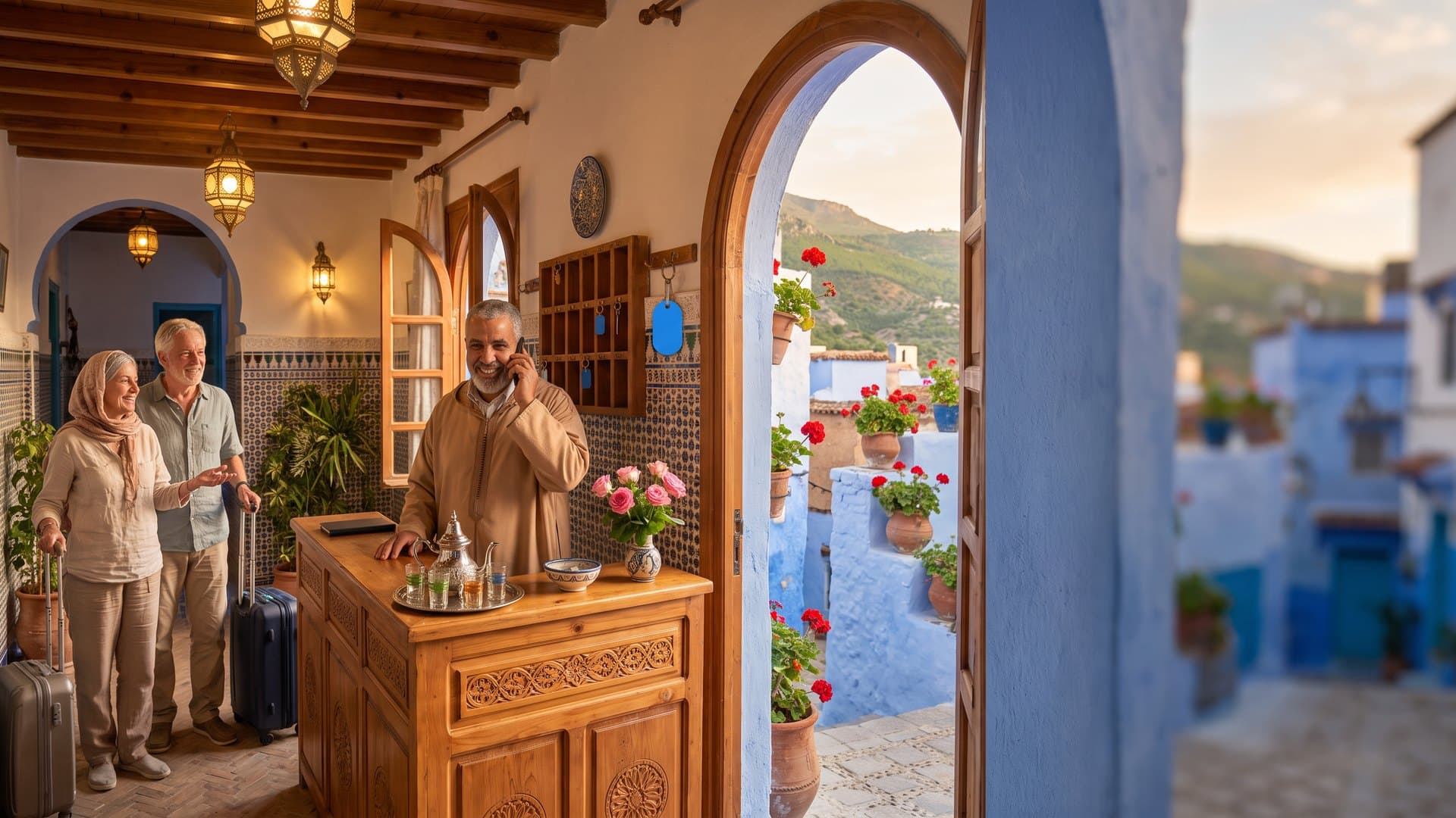 مضيف مبتسم في جلابة يرد على الهاتف في استقبال دار ضيافة عائلية في شفشاون، وزوجان يصلان بحقائبهما، وخلفهما البيوت الزرقاء وجبال الريف