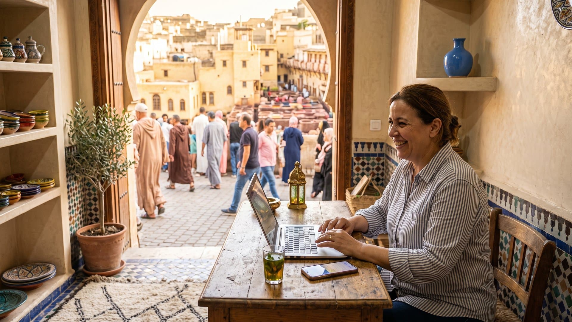 صاحبة متجر خزف صغير في فاس تضبط الإعدادات على حاسوبها بينما يضيء هاتفها على المنضدة الخشبية، وأسطح المدينة القديمة خلفها